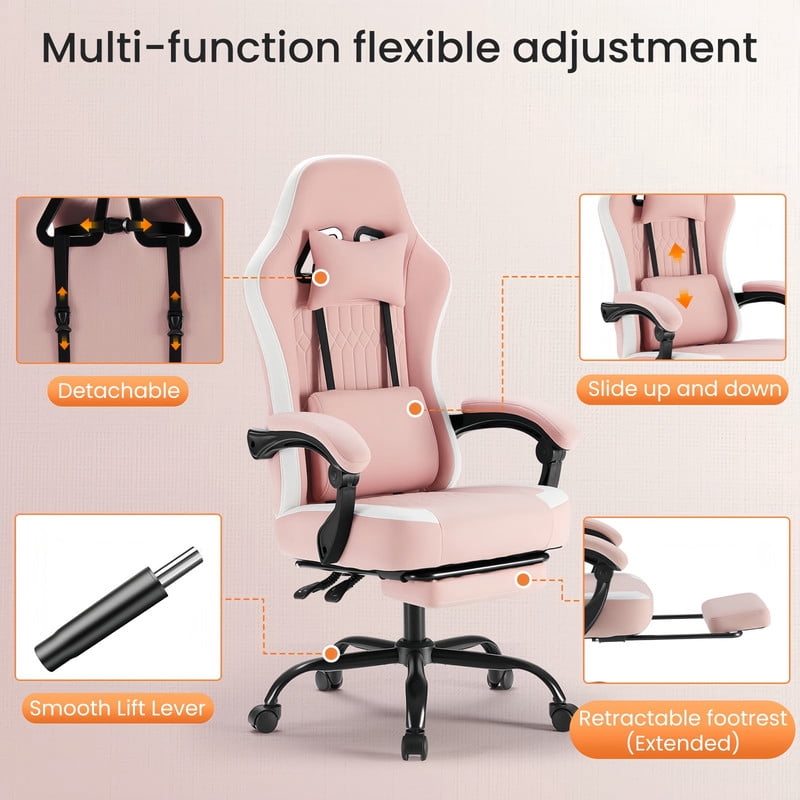 Kelno Ergonomic Gaming Chair with Footrest Lumbar Support Adjustable High Back Swivel Office Chair, Pink