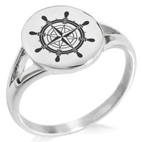 Stainless Steel Nautical Ship Helm Wheel Compass Minimalist Oval Top Polished Statement Signet Ring