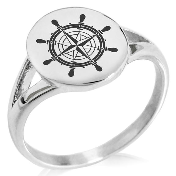 Stainless Steel Nautical Ship Helm Wheel Compass Minimalist Oval Top Polished Statement Signet Ring