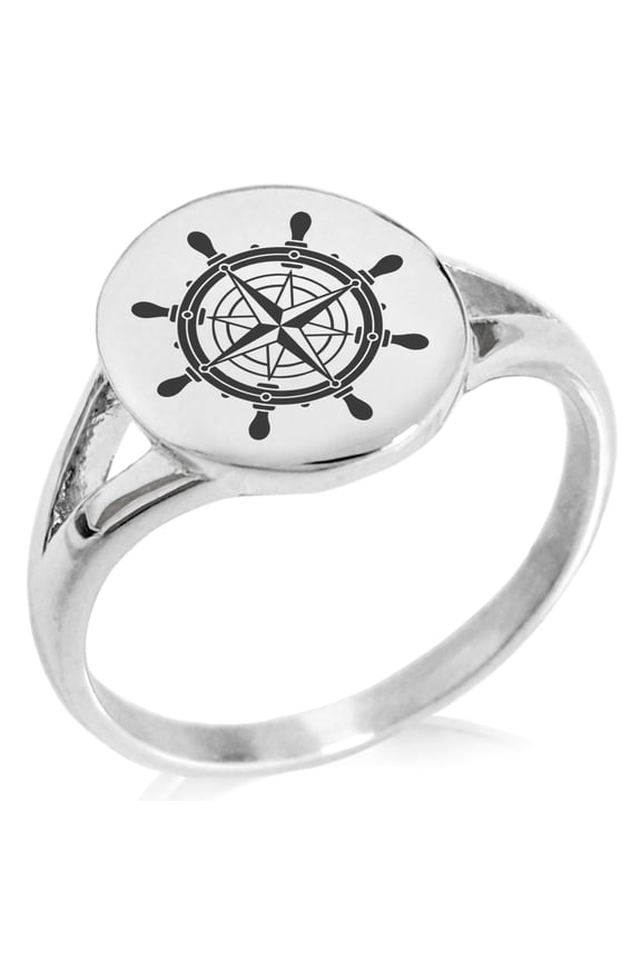 Stainless Steel Nautical Ship Helm Wheel Compass Minimalist Oval Top Polished Statement Signet Ring