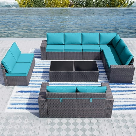 Gotland Outdoor Patio Furniture Set 12 Piece Sectional Rattan Sofa Set Rattan Wicker Patio Conversation Set with 10 Seat Cushions and 2 Tempered Glass Table Blue