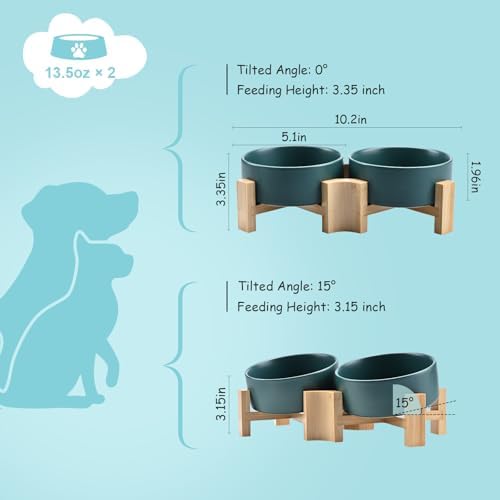 15° Slanted Ceramic Dog and Cat Bowl with Wooden Stand, Tilted Bulldog Food and Water Bowl No Slip Non-Spill for Cats Medium Dogs Big Face Pets 13.5 OZ (1.7 Cups, Green × 2)
