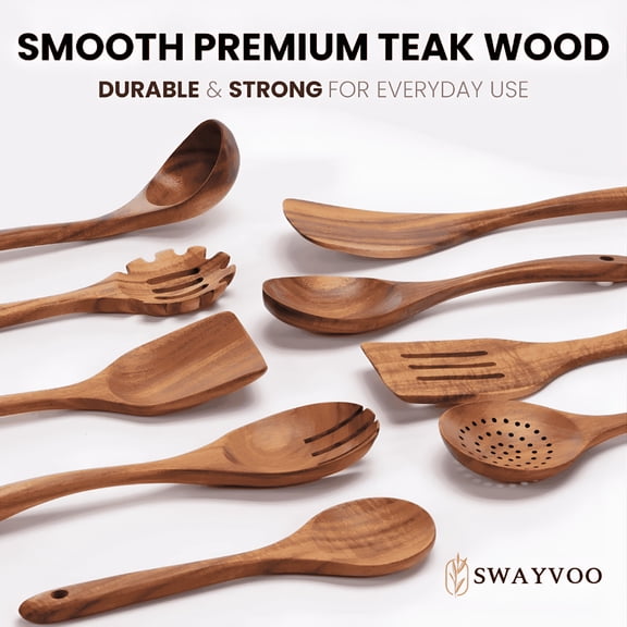 BPPEG Wooden Spoons for Cooking,9 -Piece Teak Wood Utensil Set/Serving Spoons,for Nonstick Cookware,Wood Kitchen Utensils Set Sturdy & Heat Resistant
