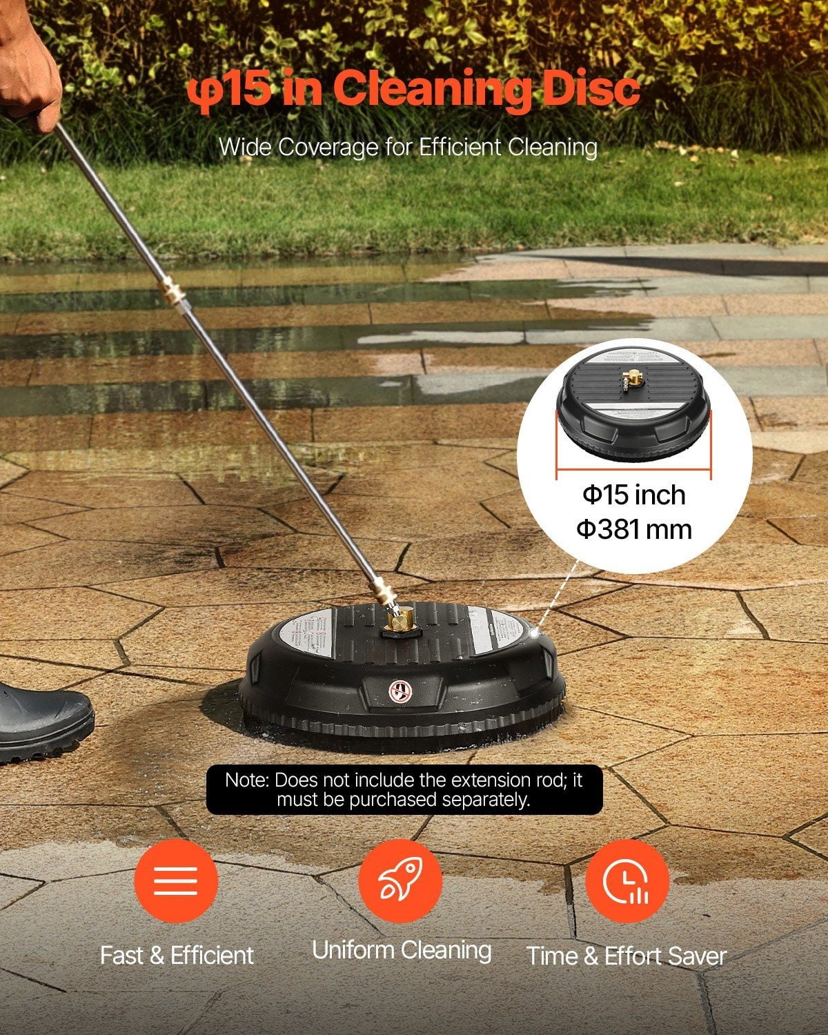 15" Pressure Washer Surface Cleaner - 3000 PSI - 4 Wheel Roller - Plastic - Black - Fast Driveway Patio Cleaning Tool