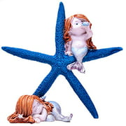Stock Show 1Pc Cute Starfish and Mermaid Resin Sculpture Set for Aquarium Bathroom Home Decor Cake Topper Valentine's Day Birthday Gift Blue