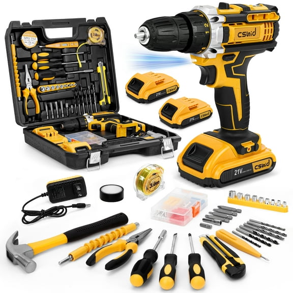 Cshidworld Tool Set with 21V Cordless Drill, Drill Set with 2 Batteries and Charger, 95PCS Electric Power Drill Tool Kit, Repair Tools Sets Combo Kits Storage Organizer Case for Men Women, Yellow