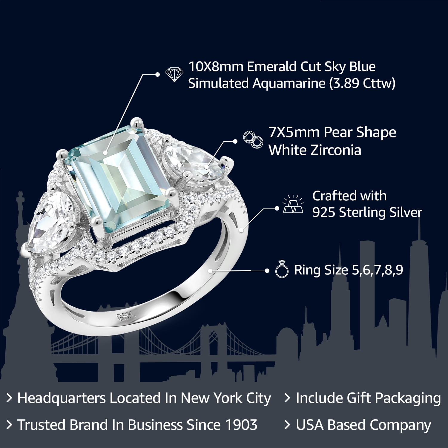Gem Stone King 3.89 Cttw Sky Blue Simulated Aquamarine Ring for Women | 925 Sterling Silver | Emerald Cut 10X8MM | Pear Shape 7X5MM | Wedding Engagement Anniversary Promise Ring for Women| Size 7