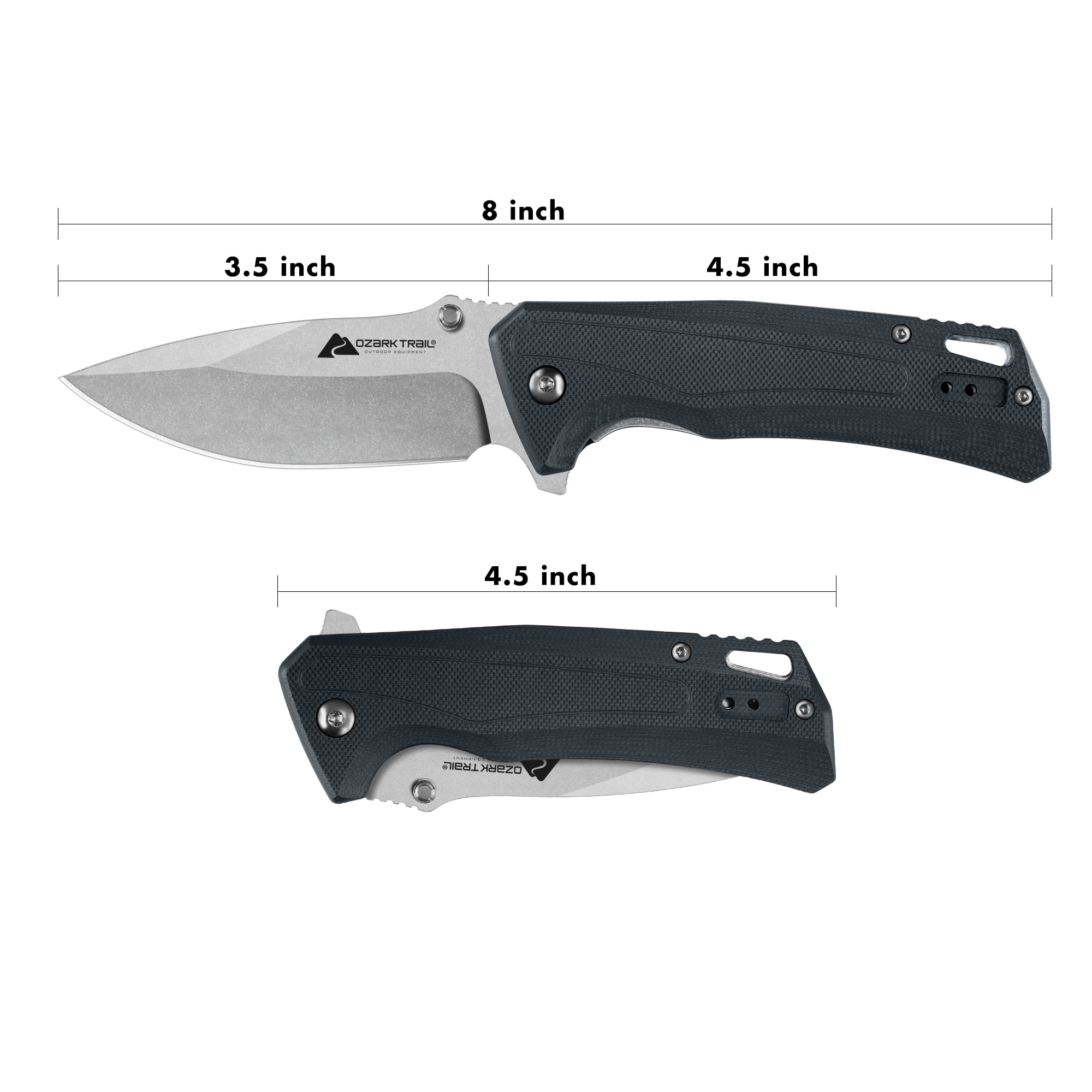 Ozark Trail 8 inch Folding Knife with D2 Steel Stonewashed Blade G10 Handle Reversible Clip