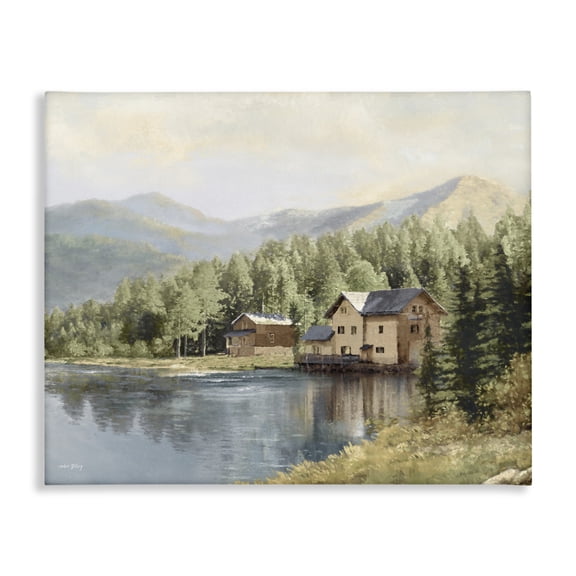 Stupell Industries Lakeside Cabin with Mountain View Landscape & Nature Painting Wrapped Canvas Canvas Art Print Wall Art, 20 x 16