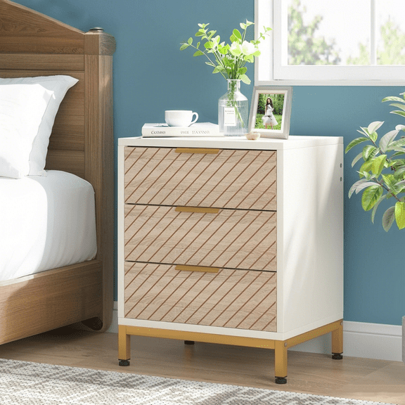 Tribesigns Night Stands, Light Wood Grain Nightstands with 3 Drawers Bedside End Tables Storage for Bedroom, White and Gold