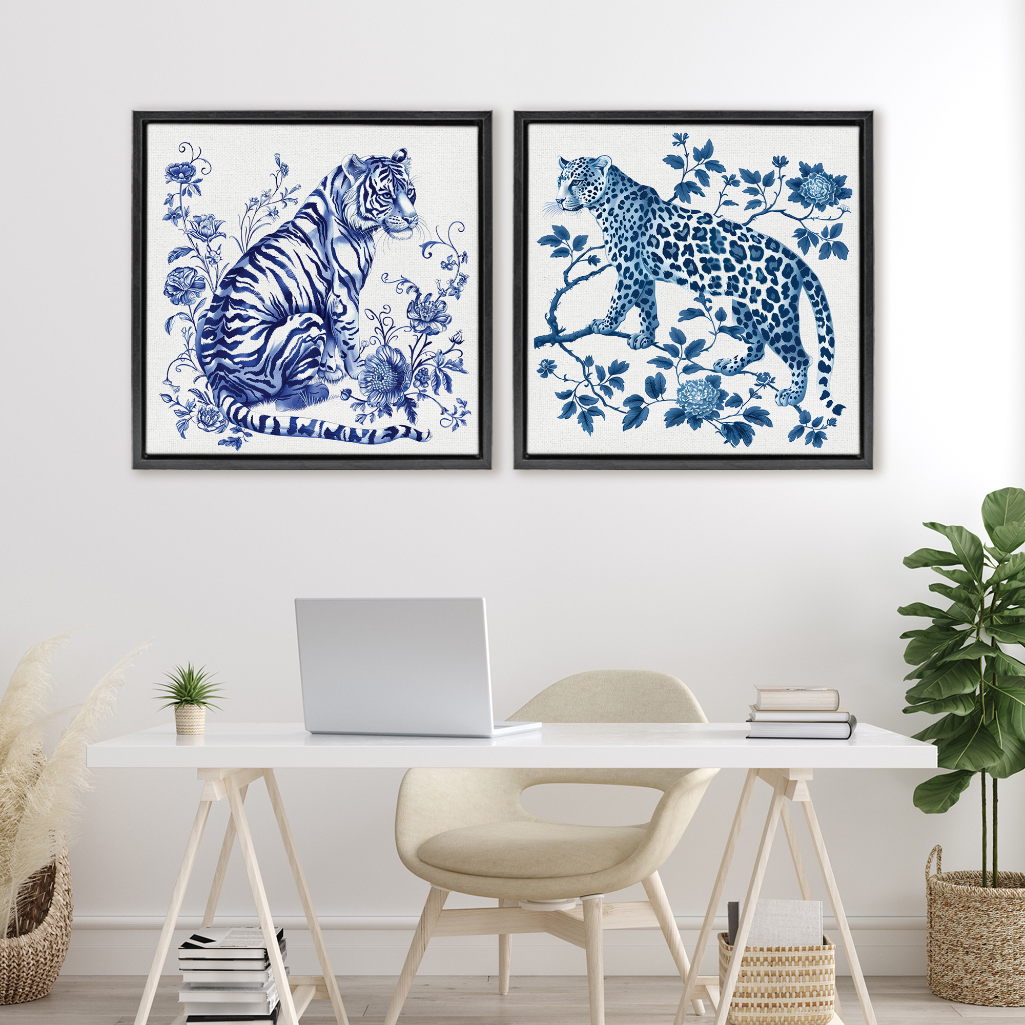 Ornate & Detailed Large Cats 2 Piece Black Framed Floater Canvas Set, design by Lettered and Lined