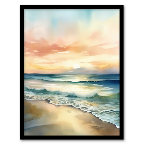Simple Serene Seashore Sunset Scarlet Sky Sublime Scenic Seascape Art Print Framed Poster Wall Decor 12x16 inch