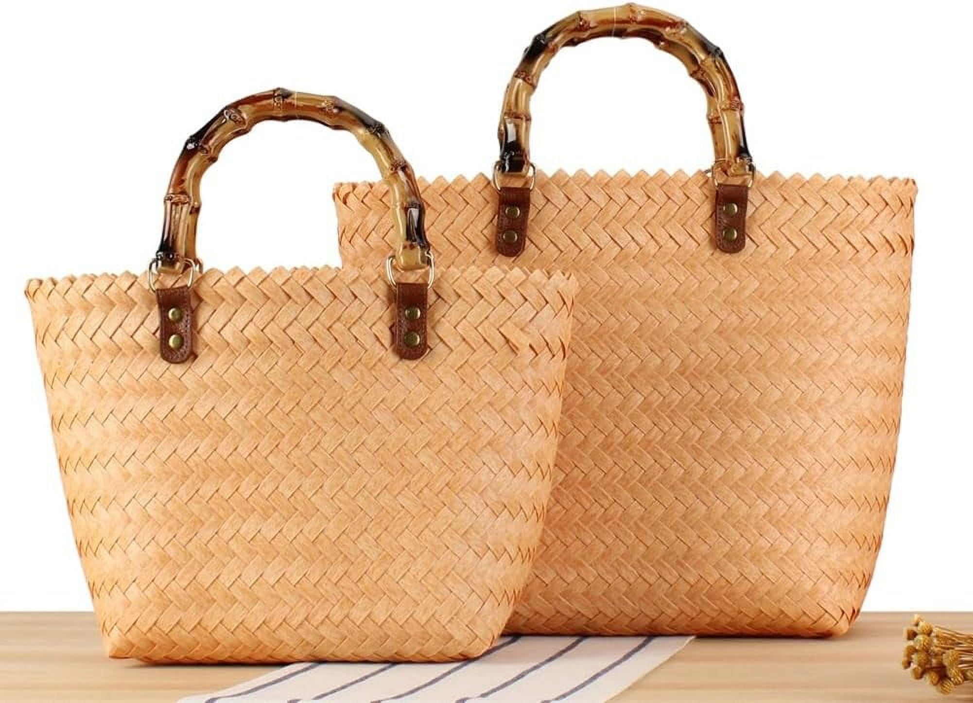 Straw Beach Tote Bag For Women - Retro Bamboo Handle Woven Handbag, Summer Casual Bag - View #8