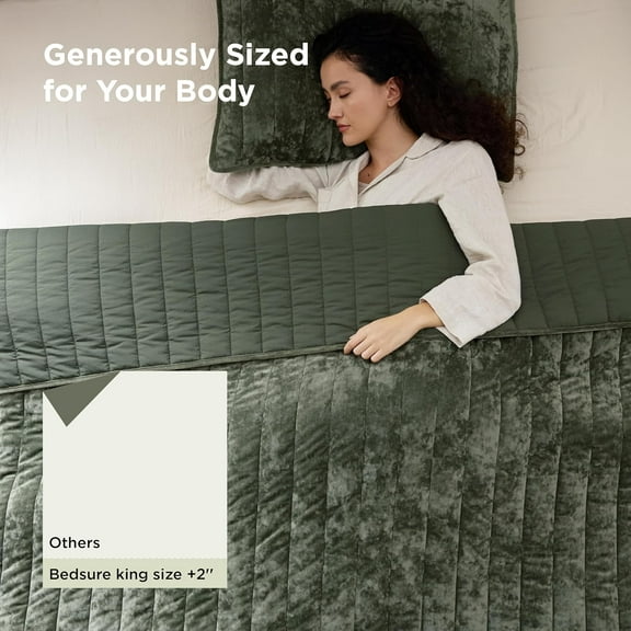 Velvet Quilt  Size Set - 108"x96" Lightweight Velvet Comforter , Oversized Luxury Bedspread Coverlet Quilted Bedding Set, Ultra Soft Winter Quilt with 2 Pillow Shams, Olive Green