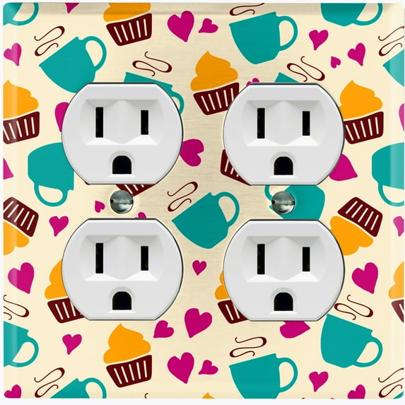 Metal Light Switch Wall Plate Outlet Cover (Coffee Espresso Mocha Cup Heart Cupcake Pattern Beige - Double Duplex)