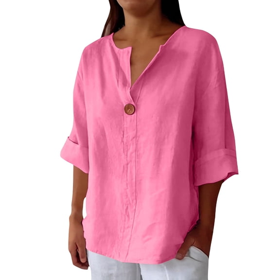 Blouses for Women Button Front Linen Style Loose Fit Three Season Daily Casual Short Sleeve Top Womens Tops