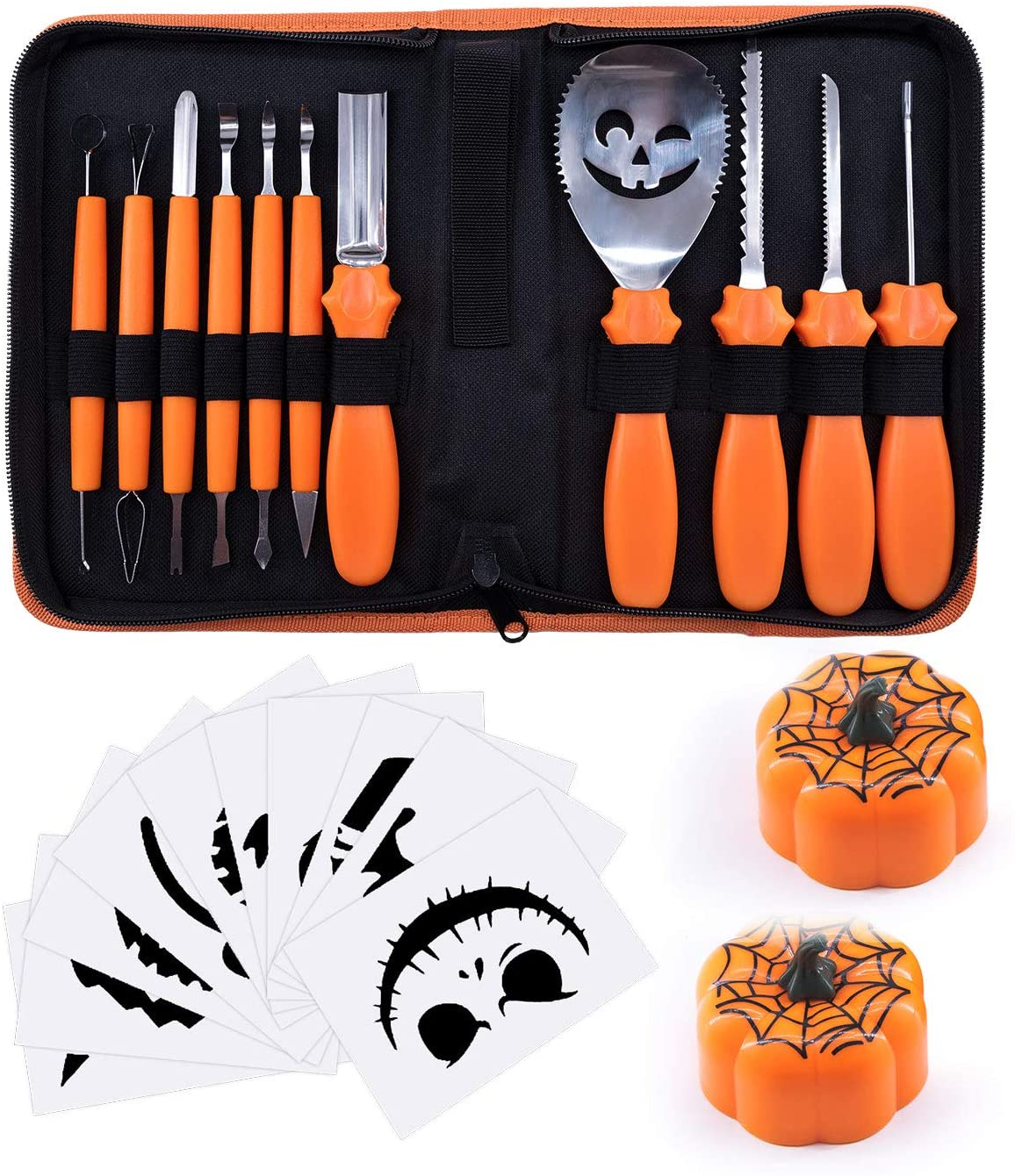 BQYPOWER 24 Piece Professional Pumpkin Cutting Tools Set Heavy Duty Stainless Steel Carving Tools for Pumpkin Jack-o-Lanterns with Orange Storage Bucket Pumpkin Lanterns Halloween Pumpkin Carving Kit