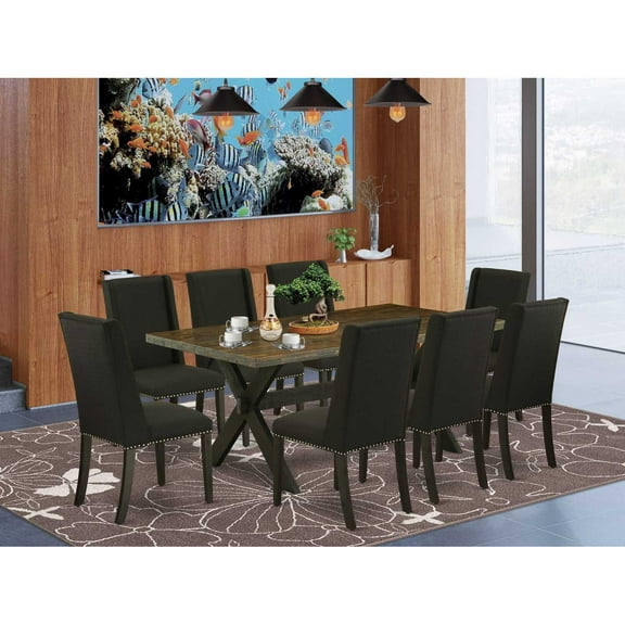 East West Furniture V777FL716-7 - 7-Piece Dining Table Set - 6 Person Dining Chairs and Small Rectangular Table Solid Wood Frame – High Back Button
