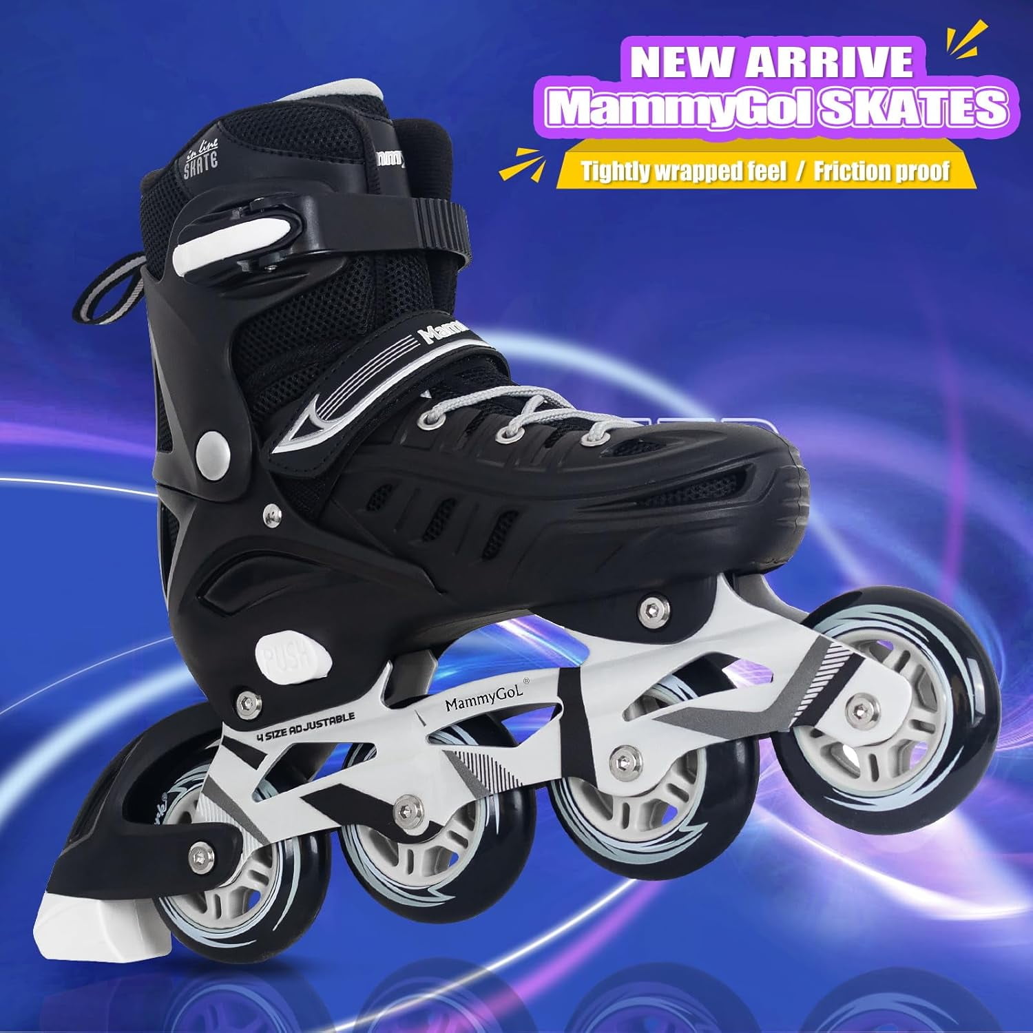 MammyGol Adjustable Inline Skates for Youth & Adults PU Wheels Safety Brake Black (Teen Boys, Girls, Beginner-Friendly)