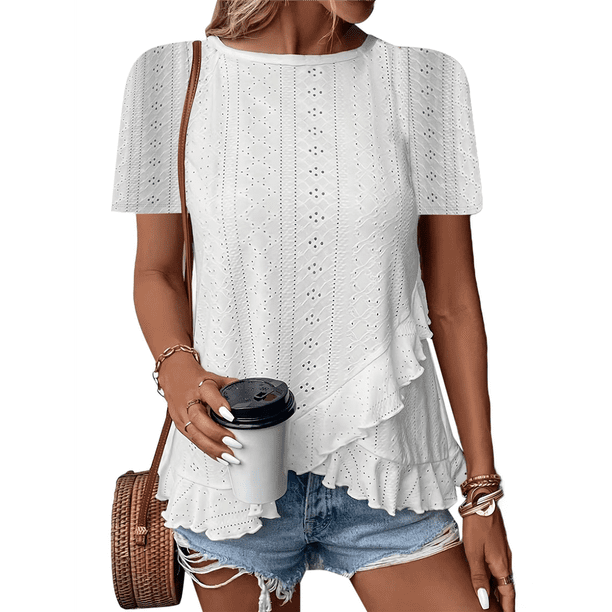 Blusas de Verano con Ojales para Mujer 2025, Blusas Asimétricas de Moda para Verano, Blusas de Color Liso para Salir, Blancas, Talla S