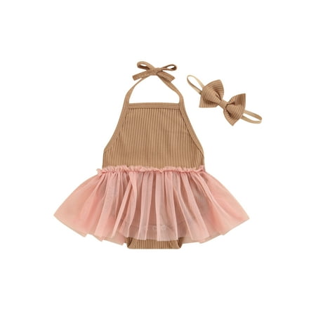 

Suanret Infant Baby Girl Sleeveless Romper Bow Headband Mesh Stitching Summer Streetwear Khaki 12-18 Months