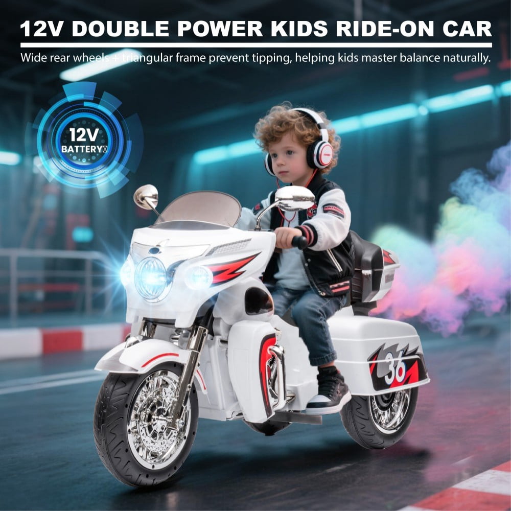 DNWRZCJXY 12V Kids Electric Motorcycle for Ages 3-8 | ASTM/CPC Certified 3-Wheel Ride-On Toy with 1-Hour Battery & Bluetooth|Max 100lbs|White