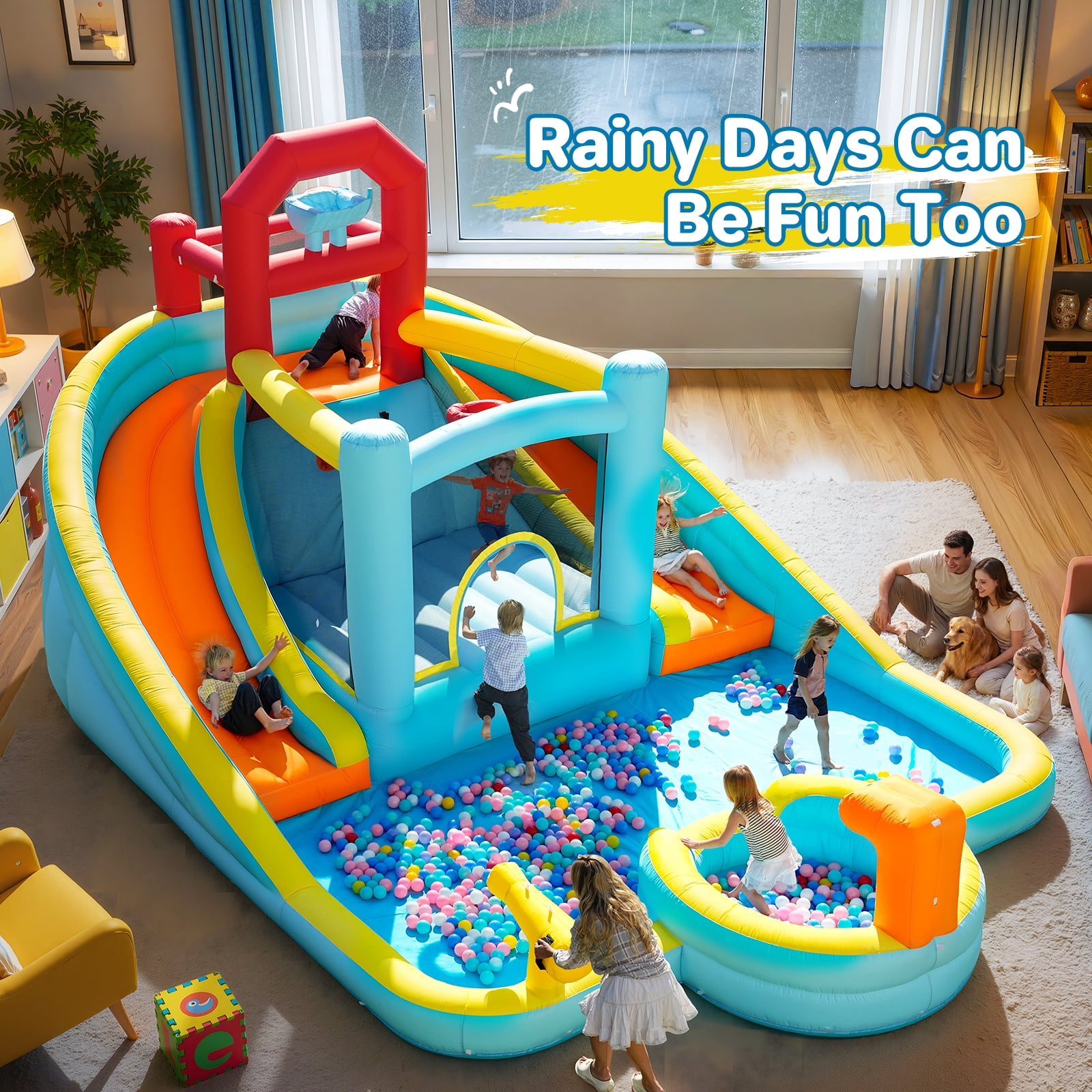 Patbrela 9 in 1 Large Inflatable Water Slide Bounce House ,211" x 104" x 143",With 750w Blower,2 Water Slides, 2 Water Blasters,Double Blow up Splash,Deep Pool,Basketball Hoop,Water Canon