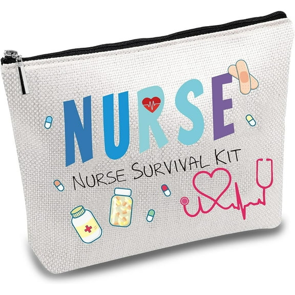 Nurse Survival Kit Bag Cosmetic Multi-Purpose Makeup Bag Canvas Pen Case Toiletry Funny Travel Bag With Zipper Supplies Gifts for DIY Nursing Practitioner Gift 10 x 7 Inch