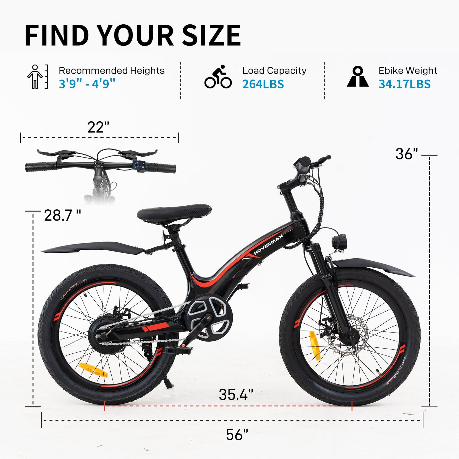 HOVERMAX 20" Electric Bike, Electric Bike for Teens, 250W Motor, 15 mph, 25 Miles Range, E-Bike, Teen Electric Bicycle, UL 2849, Black