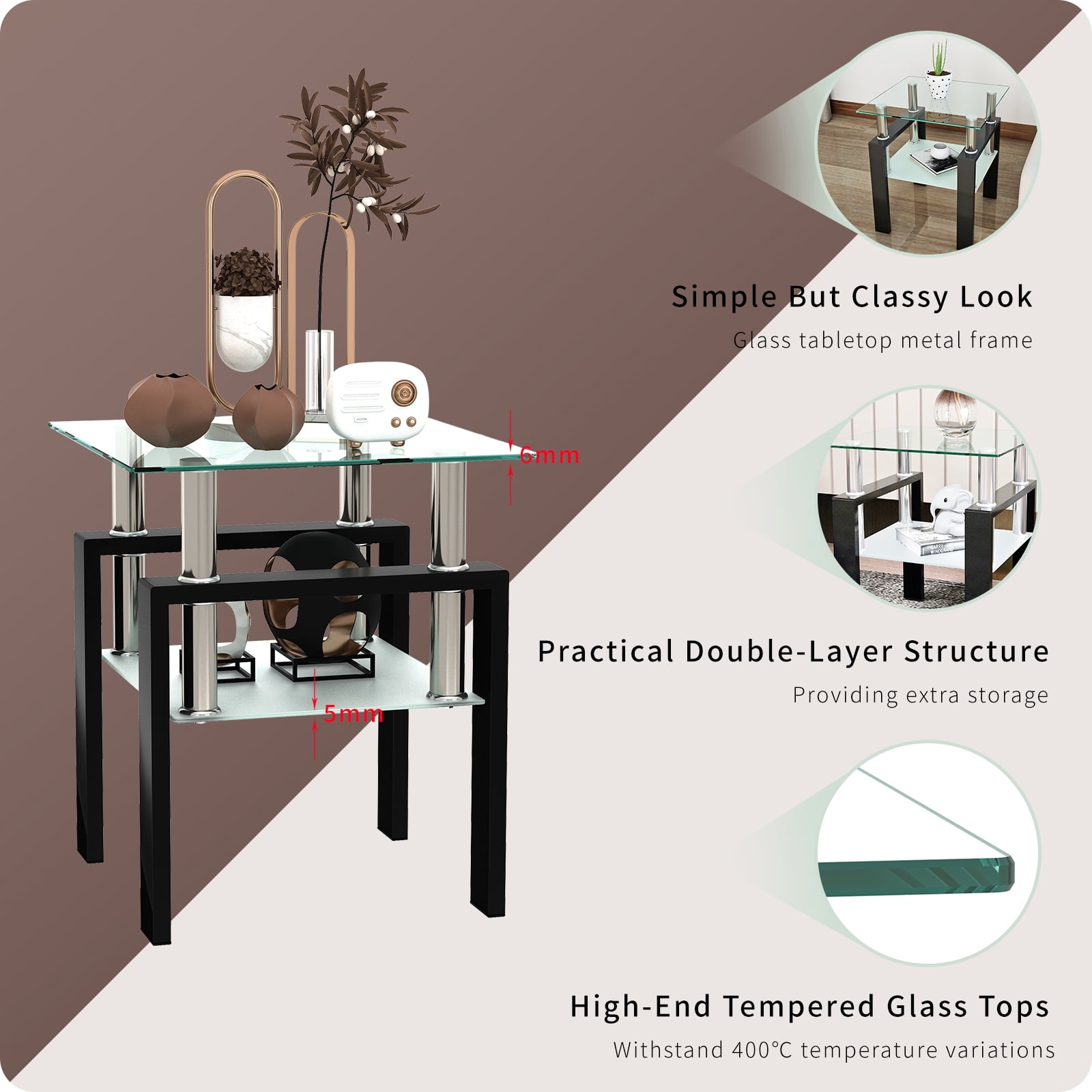 Rectangle Glass Coffee Table for Living Room, Center Table, Sofa Table, with Black Metal Legs, Clear Tempered Glass Top (Black, Coffee Table)
