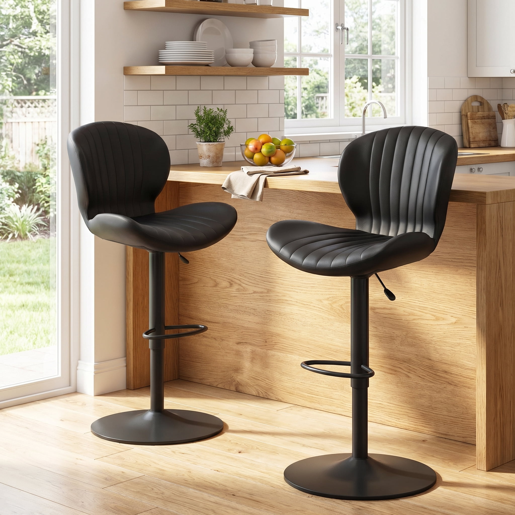 Waleaf Modern Adjustable Bar Stools Set of 2, Faux Leather Upholstered Swivel Counter Stools, Counter Height Bar Chair with Back for Kitchen Island