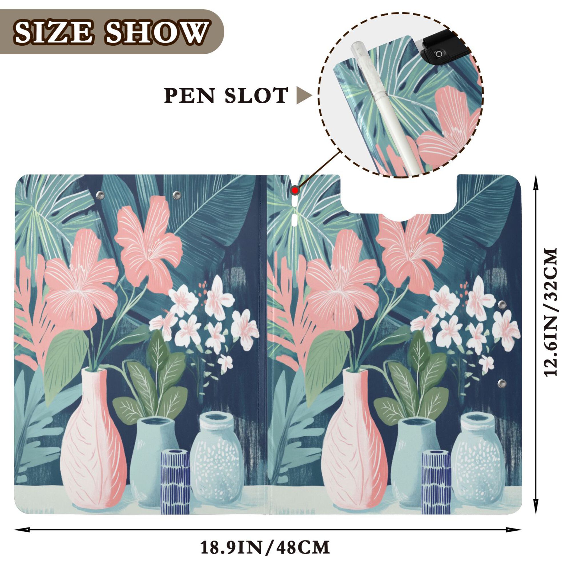 FORMRS A4 Clipboard Folder with Pen Holder Horizontal Foldable School Office Binder, Pink Flowers