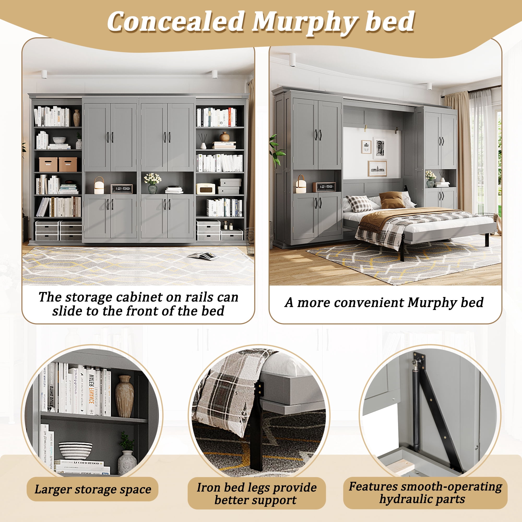 Full Size Murphy Bed with Dual Sliding Storage Cabinets, 6-Tier Open Shelves, Space-Saving for Small Space, Guest Room