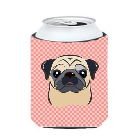 Checkerboard Pink Fawn Pug Can Or Bottle Hugger, 12 Oz.