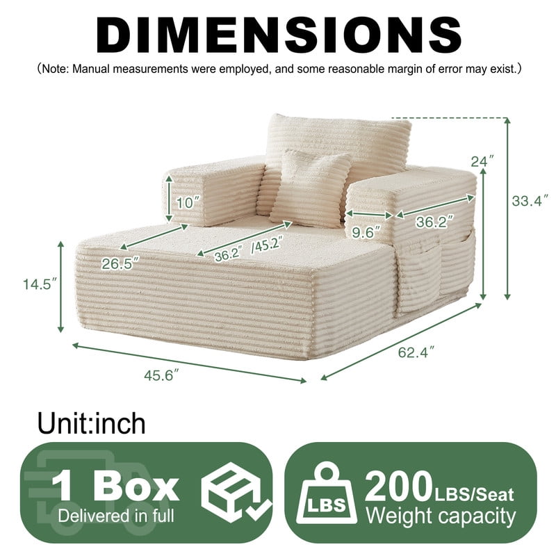 Single-Seater Upholstered Lazy Sofa, Floor Lounge Chair with Back Cushion & Throw Pillow, Oversized Chaise Lounge with Pockets