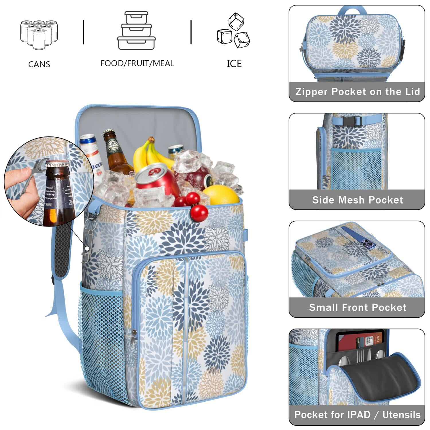 Travel Cooler Bag - Boho Bohemia Pioneer Flower Art Camping Beer Cooler Backpack with Bottle Opener- Waterproof Insulated Picnic Backpacks - Cooler Bag for Beach