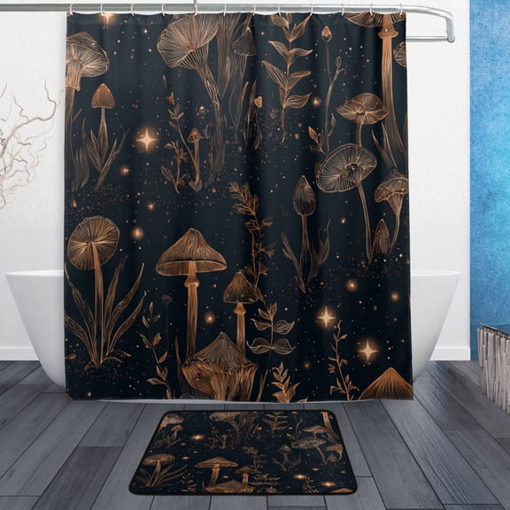 Bath Curtain & 60x72in Non-Slip Bath Mat Set 12-Grommet Shower Curtain Memory Foam Bath Rug Mushrooms and Plants Pattern