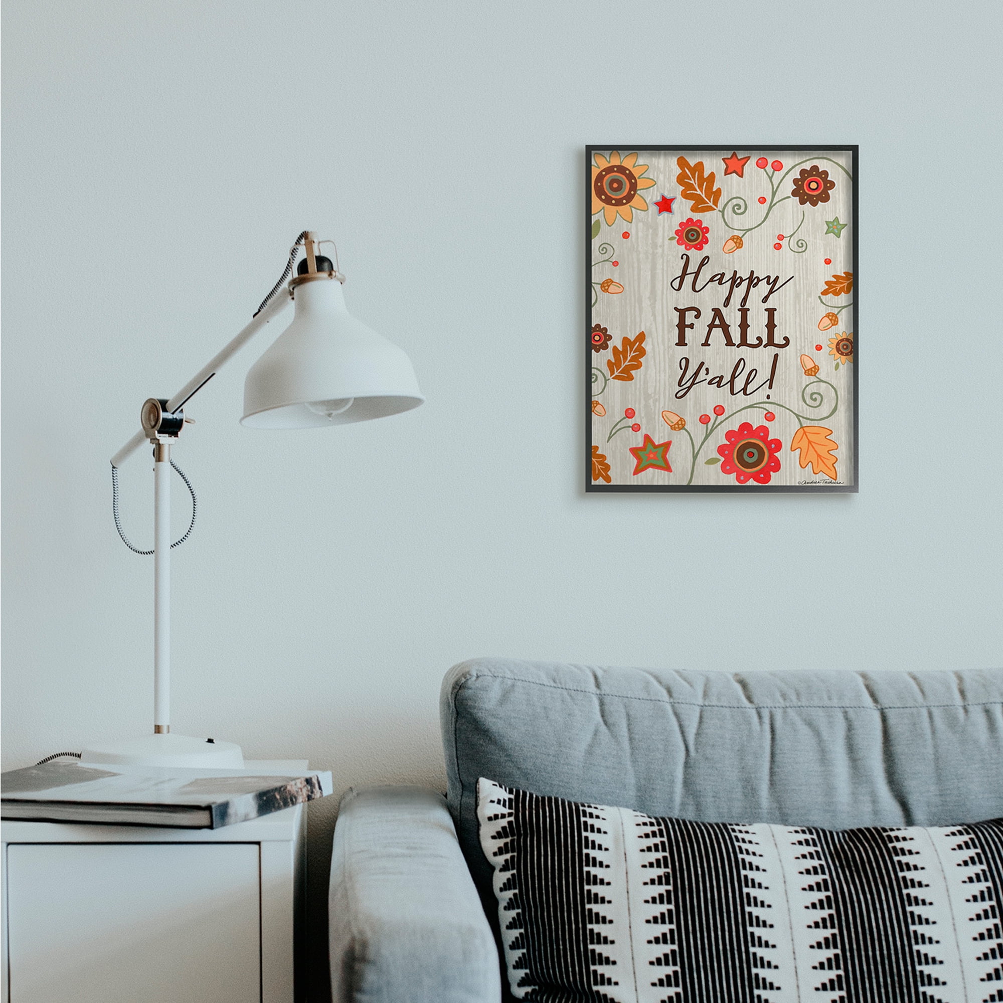 Stupell Industries Happy Fall Y'all Phrase Autumn County Border Landscape Painting Black Framed Art Print Wall Art, 16 x 20