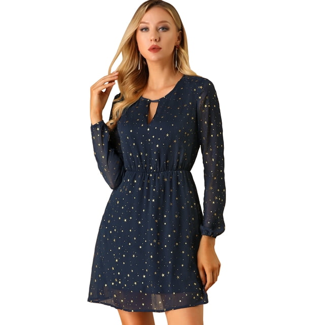 Vestido Acampanado de Mujer Allegra K con Cuello En V Vintage Dorado Metálico Brillante Azul oscuro M