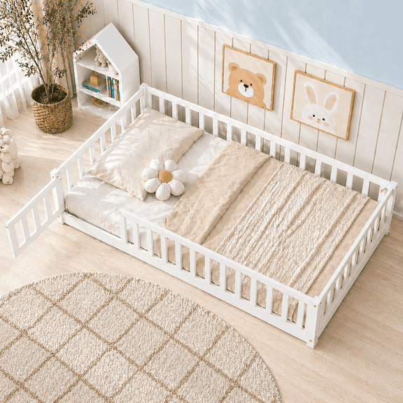 UHOMEPRO Twin Size Floor Bed with Slats and Safety Guardrail, Twin Size Montessori Floor Bed with Fence and Door, Easy Assemble Montessori Beds for Kids, Girls, Boys, White
