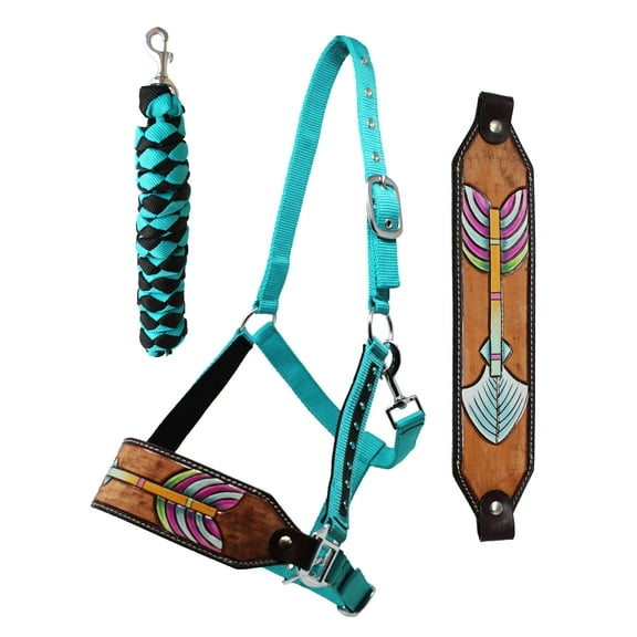 Challenger Horse Noseband Tack Bronc Leather HALTER Tiedown Lead Teal 280HR12