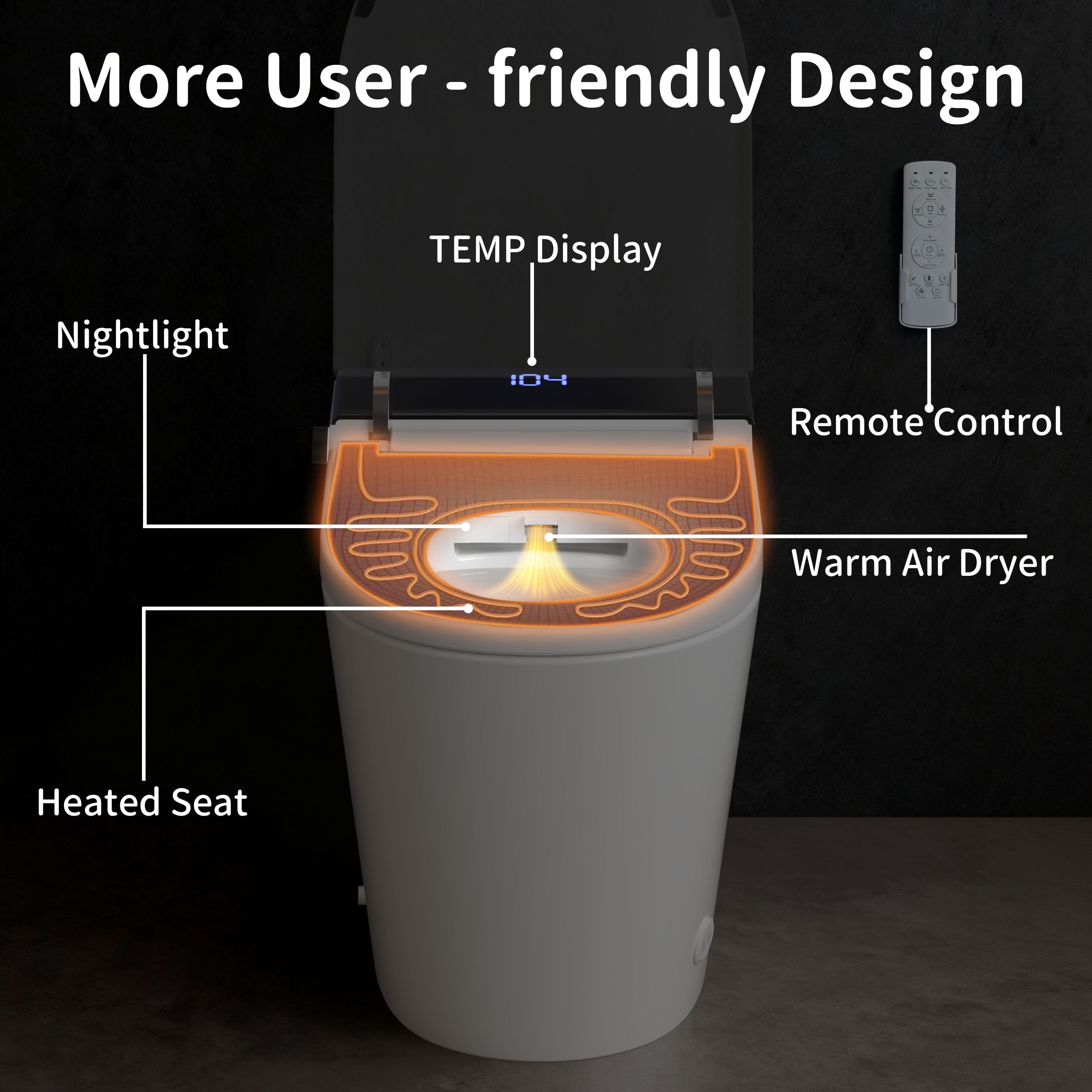 Smart Toilet Seat with Wireless Remote, Auto Flush, Warm Air Dry, Seat Heating, Female & Posterior Wash, Blue Ambient Light, IPX4 Waterproof, Energy Efficient, US Plug
