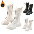thumbnail image 4 of Girls White Combat Boots Mid Calf Lace Up Riding Boots PU Leather Side Zipper Punk Goth Boot Vintage Fall Winter Outdoor Military Boot White Booties for Girls 4-12 Years, 4 of 8