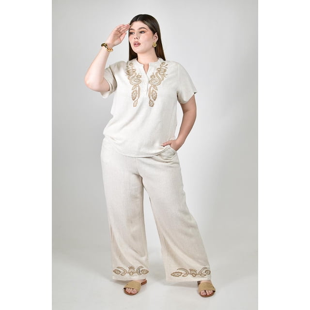 Conjunto con bordado artesanal Roman Fashion /Tallas Extras, 8028 (Arena) beige 40