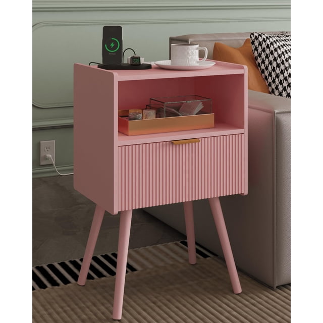 Mesa de noche Veegle rosa moderna con cajón y repisa de almacenamiento