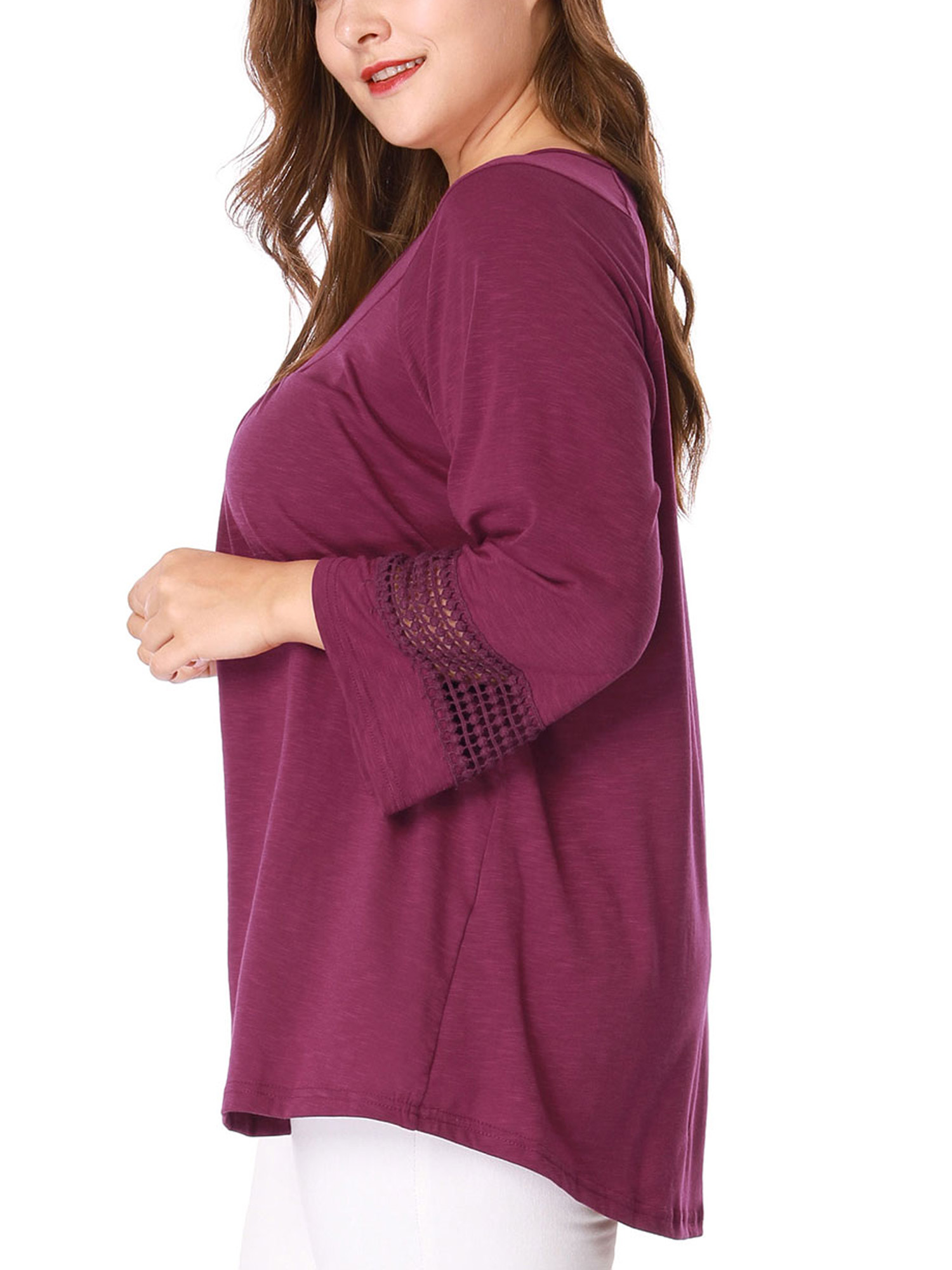 Unique Bargains Juniors' Plus Size Crochet Panel Kimono Raglan Sleeves Ruched Front Top Purple 2X