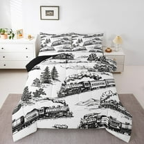 Trains King Size Comforter Set, Woodland Trees Steam Printed Bedding Sets For Bedroom, Vintage Mountains Teens Soft Comforter, Black White Rustic Road Microfiber Duvet Insert
