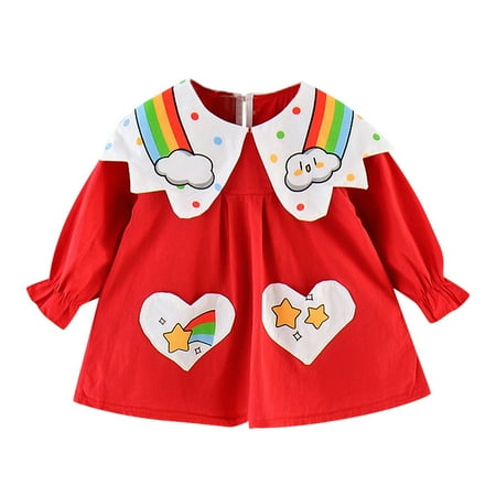 

HBYJLZYG Peter Pan Collar Dress For Girls Toddler Baby Long Sleeve Rainbow Cartoon Print Heart Princess Dress 6 Months-3 T