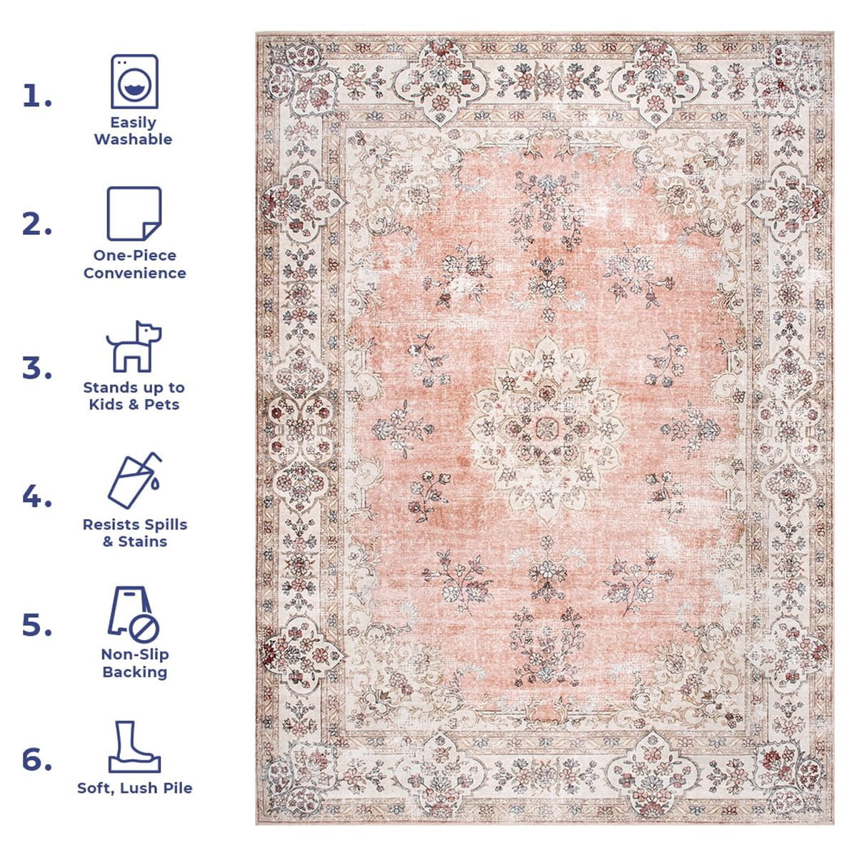 nuLOOM Ren Vintage Floral Machine Washable Area Rug, 8', Peach