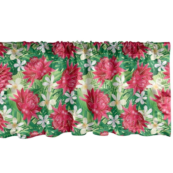 Ambesonne Plumeria Valance Pack of 2, Jungle Leaves and Flowers, 42"X18", Jade Green and Dark Pink